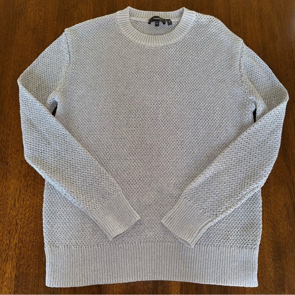 Theory Crewneck Crochet Open Knit Sweater Cotton Blend Merletto Gray Blue Small